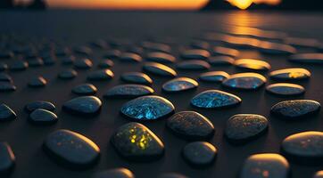 ai generato liscio pietre nel un' linea su un' spiaggia a tramonto con riflessi vivace cielo colori generativo di ai foto