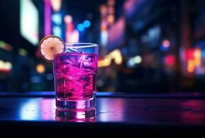 ai generato cocktail a il bar con colorato luci e neon cartello foto