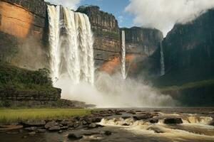 ai generato maestoso cascate a cascata circondato di lussureggiante scogliere e verdura generativo di ai foto