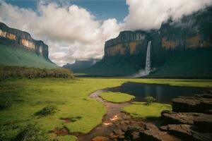 ai generato maestoso cascate a cascata circondato di lussureggiante scogliere e verdura generativo di ai foto