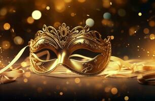 ai generato oro masquerade maschera posto contro il sfondo di scintillante luci foto