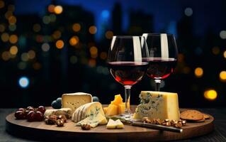 ai generato vino e formaggio nel un' bicchiere su un' di legno tavola dietro a alcuni luci foto