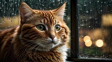 ai generato Zenzero gatto seduta di un' finestra con gocce di pioggia, guardare con un' riflessivo espressione generativo di ai foto