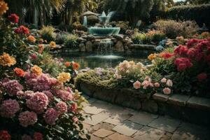 ai generato tranquillo giardino scena con un' varietà di colorato fiori nel fioritura generativo di ai foto