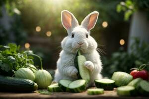 ai generato bianca coniglio mangiare cetriolo nel un' giardino con zucchine e impianti intorno a, generativo di ai foto