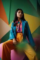 ai generato giovane donna nel colorato abbigliamento a un' tradizionale asiatico mercato con festivo decorazioni generativo di ai foto