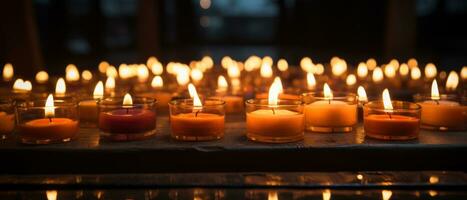 ai generato a lume di candela candele su di legno tavolo, foto