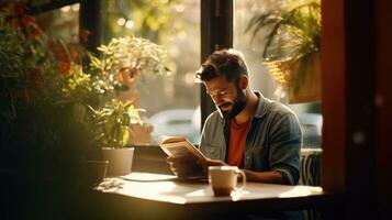 ai generato un' uomo sorseggiando caffè a un' accogliente bar tavolo, assorto nel un' libro con un' tranquillo, calmo espressione foto