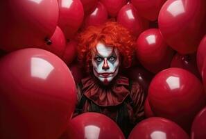 ai generato un' clown con capelli tinti rosso pose dietro a palloncini foto