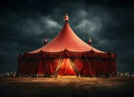 ai generato un' circo tenda a notte con un' rosso tenda contro bianca sfondo foto