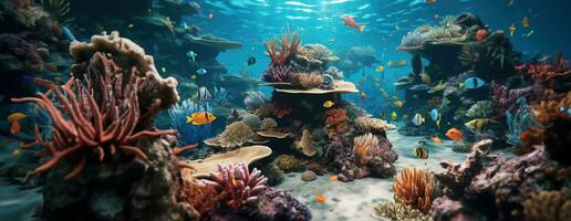 ai generato tropicale mare subacqueo Pesci su corallo scogliera. acquario oceanarium natura colorato marino panorama paesaggio natura boccaglio immersione. ai generativo. foto