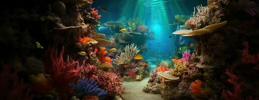 ai generato tropicale mare subacqueo Pesci su corallo scogliera. acquario oceanarium natura colorato marino panorama paesaggio natura boccaglio immersione. ai generativo. foto