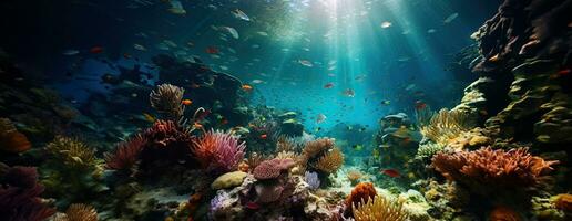 ai generato tropicale mare subacqueo Pesci su corallo scogliera. acquario oceanarium natura colorato marino panorama paesaggio natura boccaglio immersione. ai generativo. foto