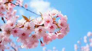 ai generato un' avvicinamento di un' bellissimo fioritura ciliegia albero, con delicato rosa petali contro un' blu cielo foto