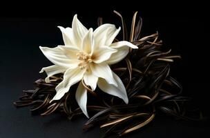 ai generato un elegante fiore con vaniglia fagioli su un' nero tavolo superiore foto