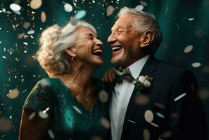 ai generato un anziano coppia ridendo, abbracciare e rimbalzo coriandoli foto