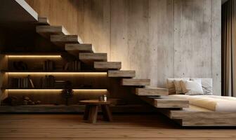 ai generato un' piccolo moderno camera con di legno le scale e di legno pavimentazione foto