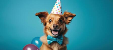 ai generato un' cane nel un' festa cappello è soffiaggio su il suo naso, foto