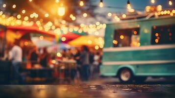 ai generato generativo ai, cibo camion strada Festival, sfocato luci sfondo, atmosferico bokeh, smorzato colori foto