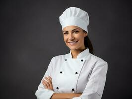 ai generato un' caucasico ragazzo vestito come un' capocuoco e preparazione cibo nel cucina. foto