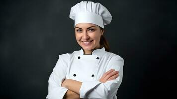 ai generato un' caucasico ragazzo vestito come un' capocuoco e preparazione cibo nel cucina. foto