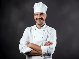 ai generato un' caucasico ragazzo vestito come un' capocuoco e preparazione cibo nel cucina. foto