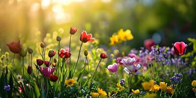 ai generato colorato tulipano fiori fioritura nel il giardino. primavera natura sfondo foto