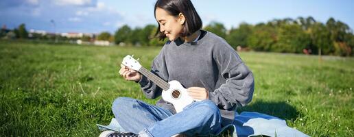 asiatico sorridente ragazza messa a punto sua ukulele chitarra, cantando e giocando nel parco, seduta su coperta su soleggiato giorno foto