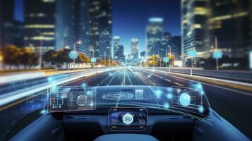 ai generato intelligente tecnologia auto con futuristico pannello di controllo per autonomo controllo sistema foto