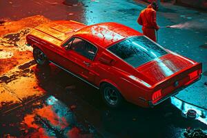 ai generato rosso auto su il strada nel il pioggia. cyberpunk foto