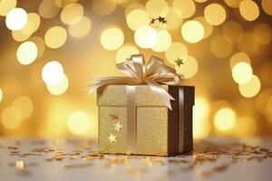 ai generato oro luccichio regalo scatola con nastro contro bokeh sfondo foto