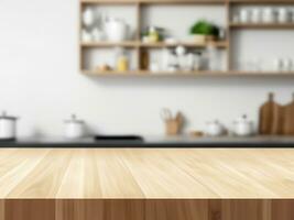 vuoto bellissimo legna tavolo superiore contatore e sfocatura bokeh moderno cucina interno sfondo nel pulito e luminoso, striscione, pronto per Prodotto montaggio foto