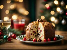 ai generato ai generativo classico italiano Panettone posto su un' piatto Il prossimo per un' tavolo foto