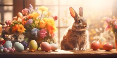 ai generato rustico Pasqua scena con coniglietto e colorato uova di finestra leggero foto