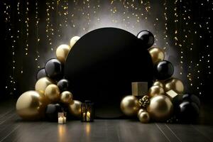 ai generato compleanno telaio con d'oro e nero palloncini e coriandoli, vuoto telaio su d'oro palloncini e d'oro coriandoli con nero sfondo , ai generato foto