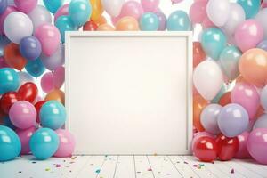 ai generato compleanno telaio con colore palloncini con scintillii, vuoto telaio decorazione con Palloncino , ai generato foto