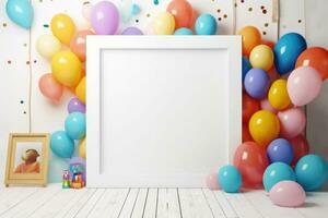 ai generato compleanno telaio con colore palloncini con scintillii, vuoto telaio decorazione con Palloncino , ai generato foto