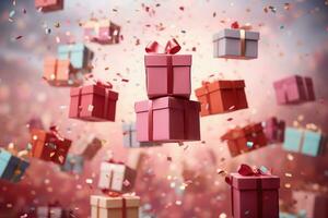 ai generato molti rosa regalo scatole con un' arco su festivo luccicante bokeh sfondo foto