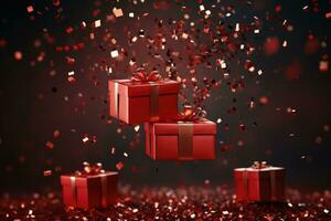 ai generato molti rosso regalo scatole con un' arco su festivo buio sfondo. presente scatole levitazione. foto