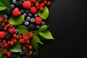 ai generato fresco frutti di bosco mescolare con copia spazio per testo su nero sfondo. foto