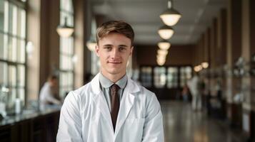 ai generato maschio medico indossare Camice da laboratorio in piedi e sorridente foto