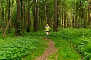 giovane donna jogging su un' pista nel un' naturale foresta parco foto