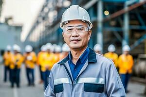 ai generato foto di giovane asiatico ingegnere uomo bello sorridente nel arancia veste. fabbrica lavoratore. ai generato