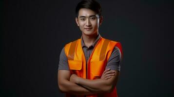 ai generato foto di giovane asiatico ingegnere uomo bello sorridente nel arancia veste. fabbrica lavoratore. ai generato