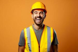ai generato foto di giovane asiatico ingegnere uomo bello sorridente nel arancia veste. fabbrica lavoratore. ai generato