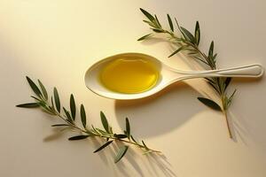 ai generato salutare oliva olio nel bianca cucchiaio foto