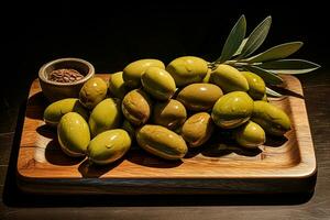 ai generato fresco verde olive frutta su di legno vassoio foto