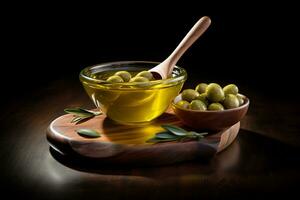 ai generato oliva frutta olio nel piccolo ciotola su di legno tavolo foto
