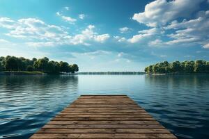 ai generato di legno ponte su il lago con natura paesaggio nel luminosa giorno foto