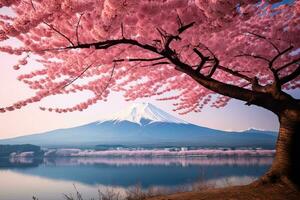 ai generato montare fuji e ciliegia fiorire a Kawaguchiko lago, Giappone, ai generato foto